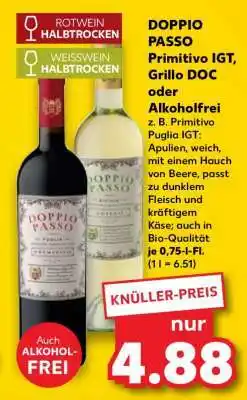 Kaufland DOPPIO PASSO Primitivo IGT, Grillo DOC oder Alkoholfrei Angebot