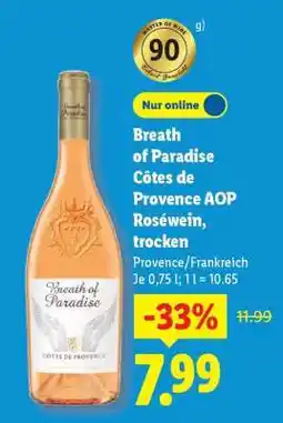Lidl Breath of Paradise Côtes de Provence AOP, Roséwein, trocken Angebot