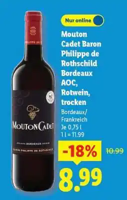 Lidl Mouton Cadet Baron Philippe de Rothschild Bordeaux AOC, Rotwein, trocken Angebot