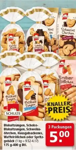 Multi Markt SCHULTE Biskuitzungen, Schoko- Biskuitzungen, Schweins- öhrchen, Hausgebackenes, Waffelröllchen oder Spritz gebäck Angebot