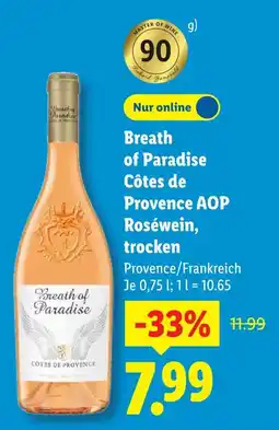Lidl Breath of paradise côtes de provence aop roséwein Angebot