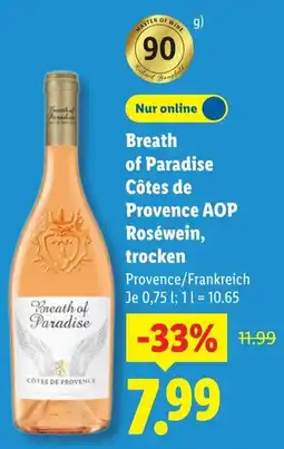 Lidl Breath of Paradise Côtes de Provence AOP Roséwein, trocken Angebot