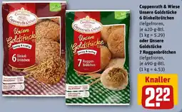 REWE Coppenrath & Wiese Unsere Goldstücke 6 Dinkelbrötchen oder Unsere Goldstücke 7 Roggenbrotchen Angebot