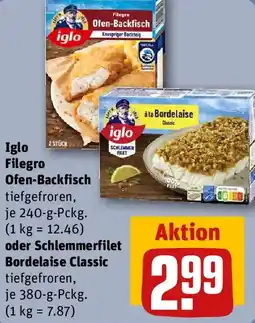 REWE Iglo Filegro Ofen-Backfisch oder Schlemmerfilet Bordelaise Classic Angebot