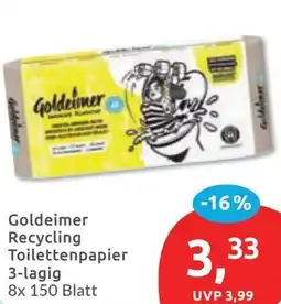 Budni Goldeimer Recycling Toilettenpapier 3-lagig 8x 150 Blatt Angebot