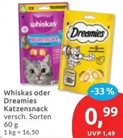 Budni Whiskas oder Dreamies Katzensnack Angebot
