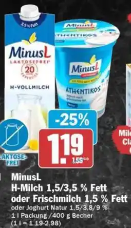 HIT MinusL H-Milch 1,5/3,5 % Fett oder Frischmilch 1,5 % Fett oder Joghurt Natur Angebot