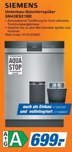 Expert SIEMENS Unterbau-Geschirrspüler SN43ES21BE Angebot