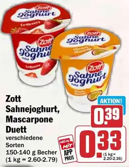 HIT Zott Sahnejoghurt, Mascarpone Duett Angebot