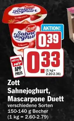 HIT Zott Sahnejoghurt, Mascarpone Duett Angebot