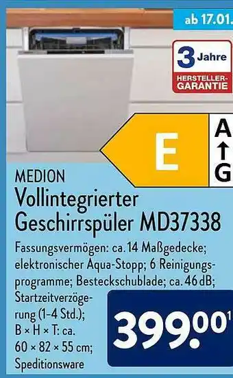 Aldi Nord Medion Vollintegrierter Geschirrspüler Md37338 Angebot