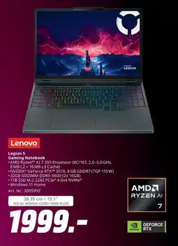 MediaMarkt Lenovo Legion 5 Gaming Notebook Angebot