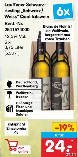 Netto Marken-Discount Lauffener Schwarz- riesling „Schwarz/ Weiss" Qualitätswein Angebot