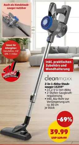 PENNY cleanmaxx 2-in-1-Akku-Staubsauger 15259 Angebot