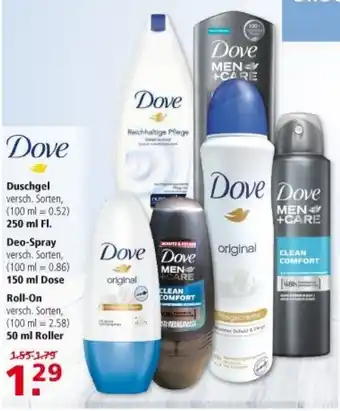 Multi Markt Dove Duschgel 250 ml, Deo Spray 150ml oder Roll On 50ml Angebot