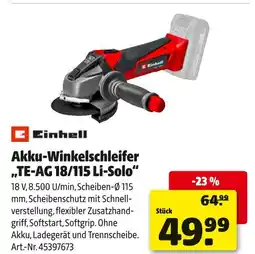 Hagebau Einhell akku-winkelschleifer „te-ag 18/115 li-solo“ Angebot