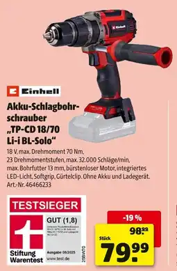 Hagebau Einhell akku-schlagbohrschrauber tp-cd 18/70 li-i bl-solo Angebot