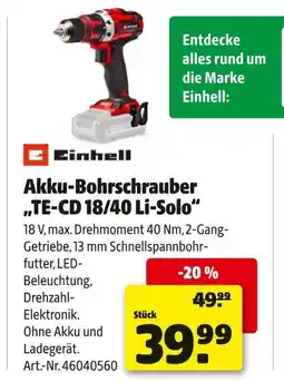 Hagebau Einhell akku-bohrschrauber te-cd 18/40 li-solo Angebot