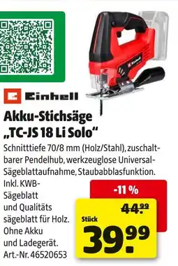 Hagebau Einhell akku-stichsäge tc-js 18 li solo Angebot