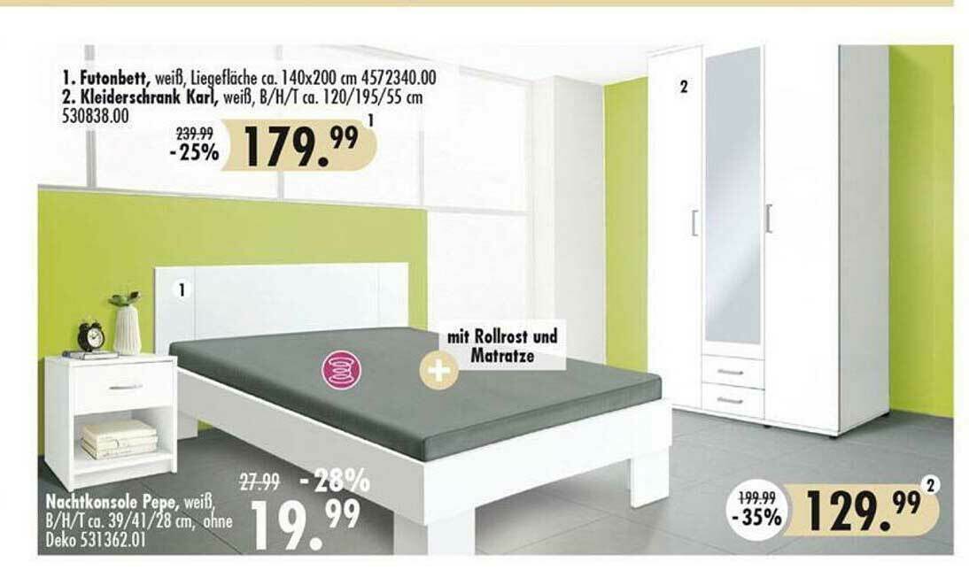 Futonbett, Kleiderschrank Karl, Nachtkonsole Pepe Angebot