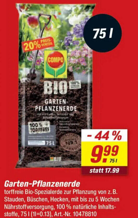 COMPO Garten-Pflanzenerde .75 L Angebot bei toom Baumarkt