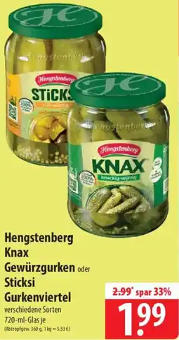 Famila Nord Ost Hengstenberg Knax Gewürzgurken oder Sticksi Gurkenviertel Angebot