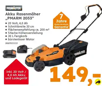 Globus Baumarkt PRIMASTER Akku Rasenmäher ,,PMARM 2033" Angebot