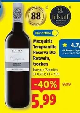 Lidl Mezquiriz Tempranillo Reserva DO, Rotwein, trocken Angebot