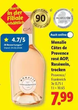 Lidl Monalie Côtes de Provence rosé AOP, Roséwein, trocken Angebot