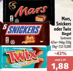 Aktiv Irma Mars, Snickers oder Twix Riegel Angebot