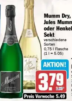 AEZ Mumm Dry, Jules Mumm oder Henkell Sekt Angebot
