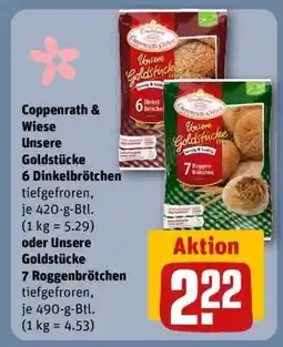 REWE Coppenrath & Wiese Unsere Goldstücke 6 Dinkelbrötchen oder Unsere Goldstücke 7 Roggenbrötchen Angebot