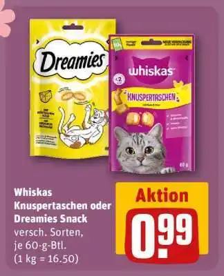 REWE Whiskas Knuspertaschen oder Dreamies Snack Angebot