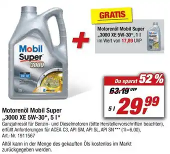 toom Baumarkt Motorenöl Mobil Super 3000 XE 5W-30, 5 L Angebot