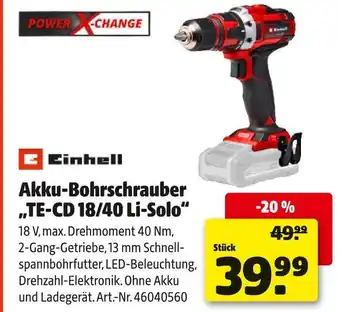 Hagebau Einhell akku-bohrschrauber te-cd 18/40 li-solo Angebot