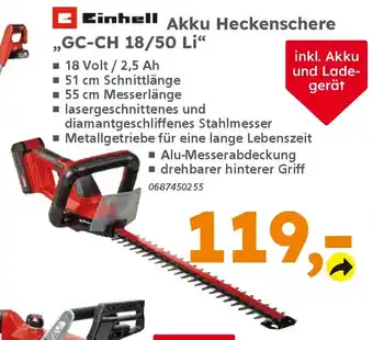 Globus Baumarkt Einhell Akku Heckenschere "GC-CH 18/50 Li❝ Angebot
