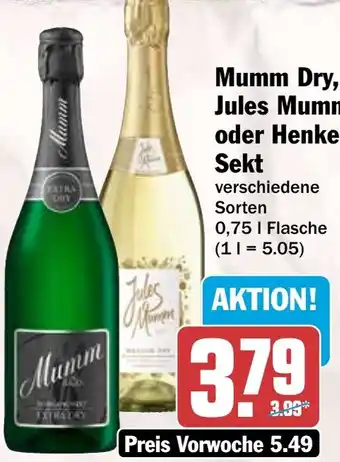 HIT Mumm Dry, Jules Mumm oder Henkell Sekt Angebot