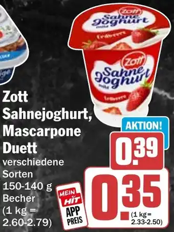 HIT Zott Sahnejoghurt, Mascarpone Duett Angebot