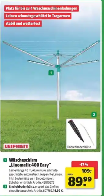 Hagebau LEIFHEIT Wäscheschirm ,,Linomatic 400 Easy" Angebot