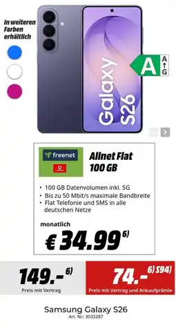MediaMarkt SAMSUNG Galaxy S26 + Allnet Flat 100 GB Angebot