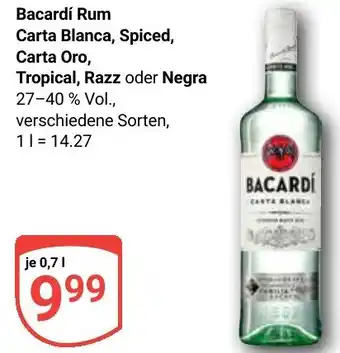 Globus Bacardi Rum Carta Blanca, Spiced, Carta Oro, Tropical, Razz oder Negra Angebot