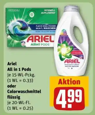 REWE Ariel All in 1 Pods oder Colorwaschmittel flüssig Angebot