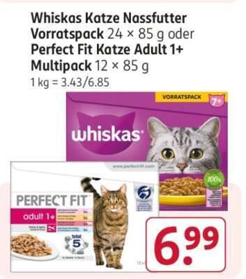 Whiskas Katze Nassfutter Vorratspack 24 x 85 g oder Perfect Fit Katze Adult  1+ Multipack 12 x 85 g Angebot bei Rossmann