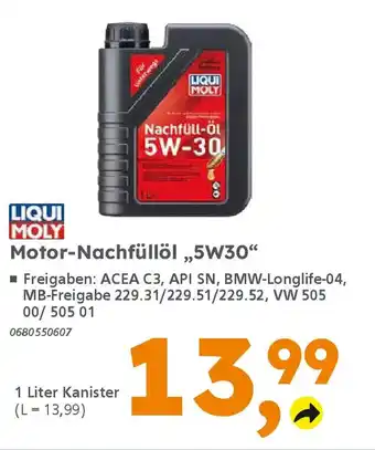 Globus Baumarkt LIQUI MOLY Motor-Nachfüllöl „,5W30" Angebot