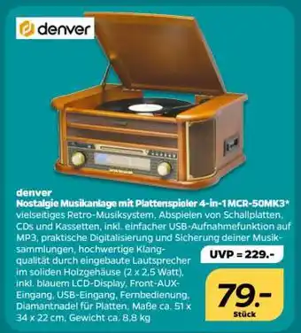NETTO denver Nostalgie Musikanlage mit Plattenspieler 4-in-1 MCR-50MK3 Angebot