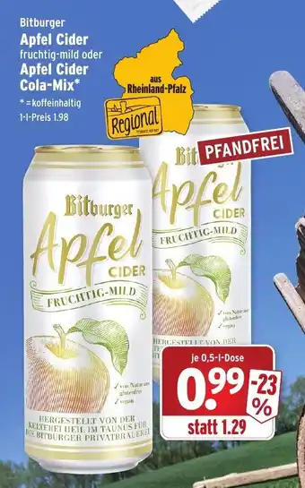 Wasgau Bitburger Apfel Cider fruchtig mild oder Apfel Cider Cola Mix 0,5L Angebot