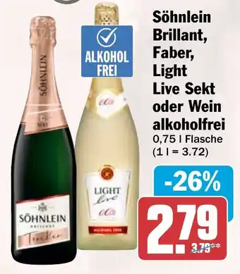 HIT Söhnlein Brillant, Faber, Light Live Sekt oder Wein alkoholfrei Angebot