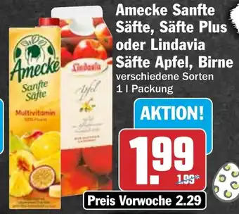 HIT Amecke Sanfte Säfte, Säfte Plus oder Lindavia Säfte Apfel, Birne Angebot