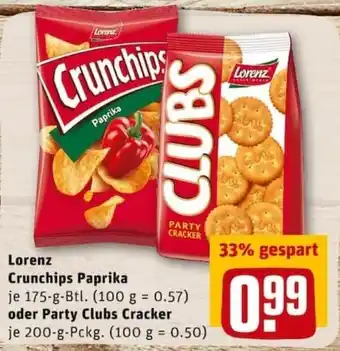 REWE City Lorenz Crunchips Paprika 175g Beutel oder Party Clubs Cracker 200g Angebot