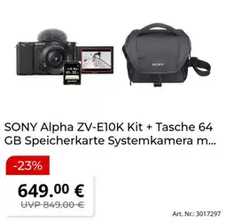 MediaMarkt SONY Alpha ZV-E1OK Kit + Tasche 64 GB Speicherkarte Systemkamera m Angebot
